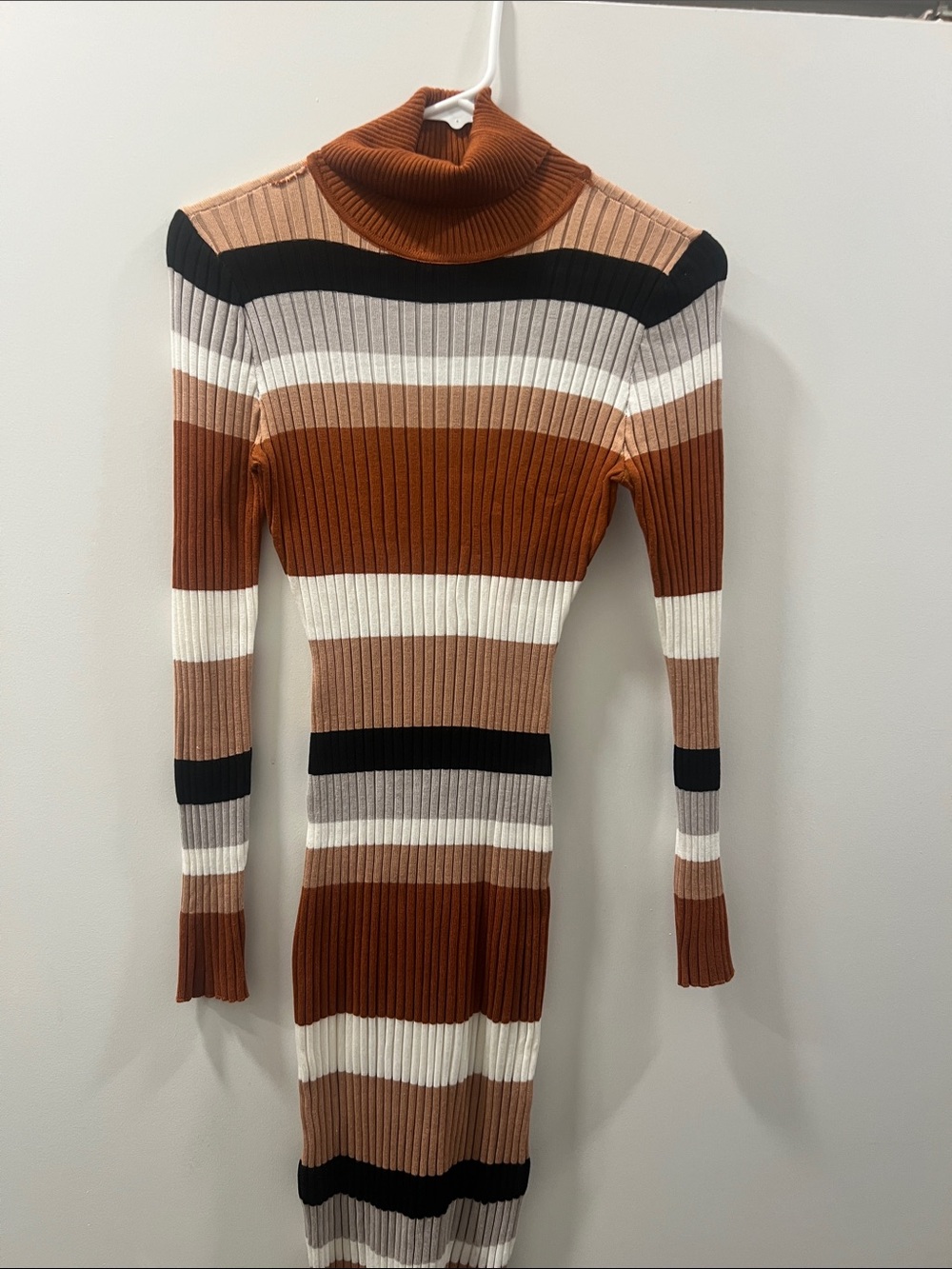 Almost Famous Ribbed Turtleneck Striped Midi Dress - Rust, Cream, Black, Tan